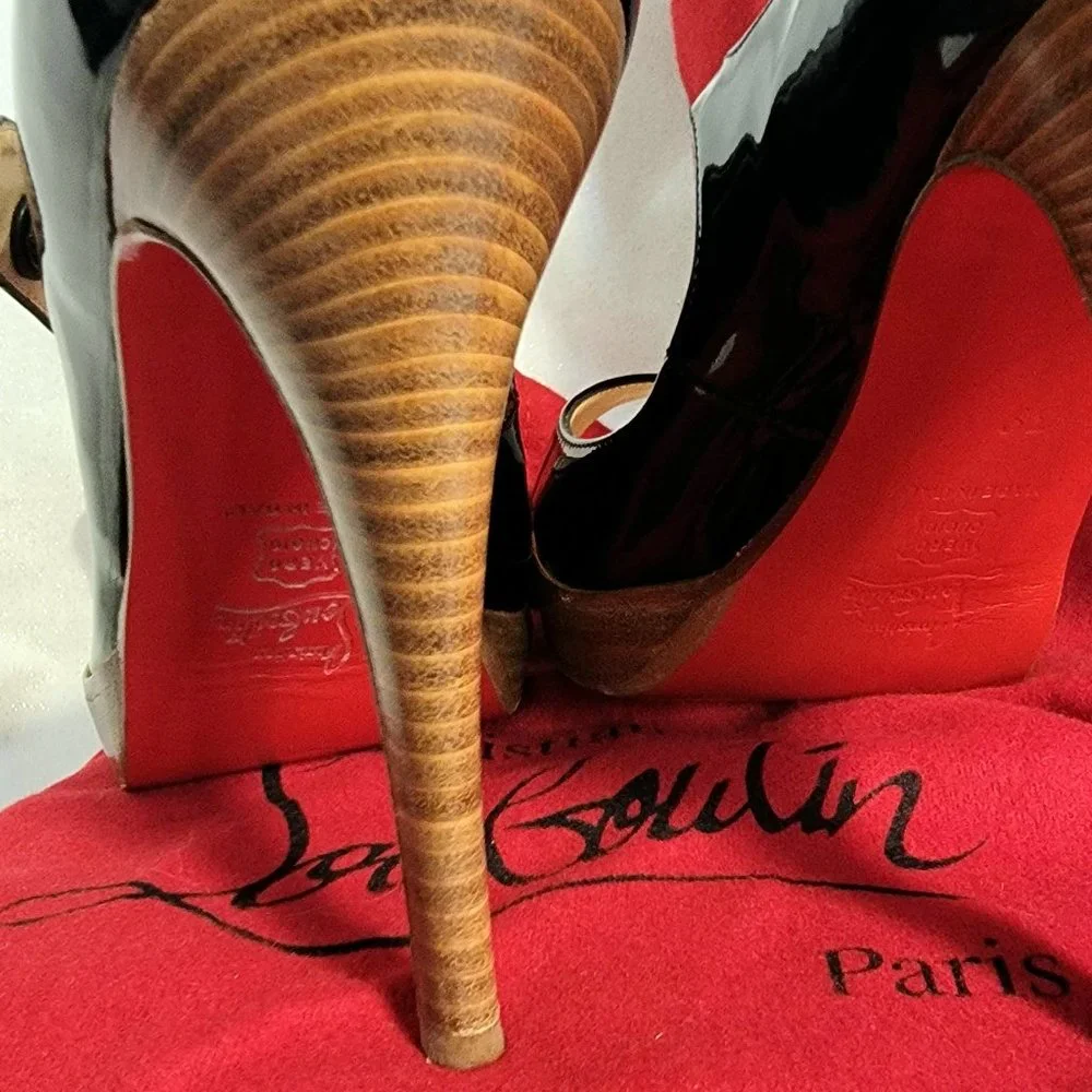 CHRISTIAN LOUBOUTIN Black Patent Leather Zeppa Mary Jane Peep Toe Pumps 39 - Picture 11 of 13